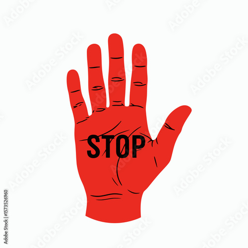 An illustration of a red hand with the word STOP on its palm held up in a gesture to halt