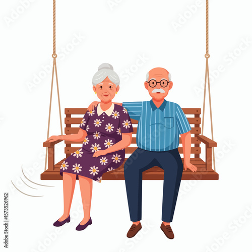 An illustration of an elderly man and woman sitting together on a wooden swing against a white background
