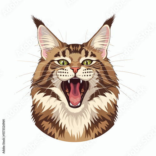 An illustrated head of a roaring Maine Coon cat with brown tabby markings and green eyes on a white background