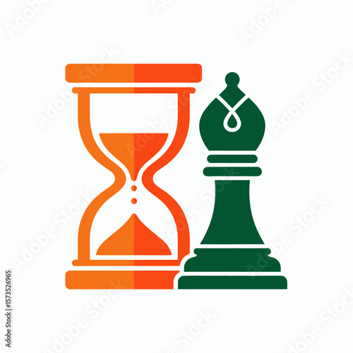 An orange hourglass and a green bishop chess piece on a white background