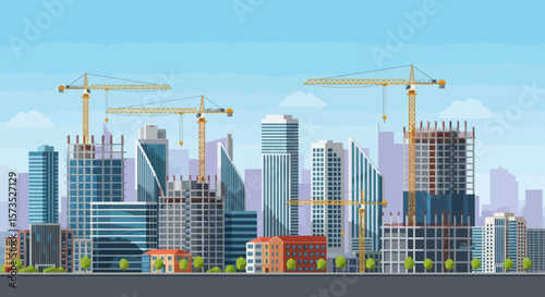 Cityscape with buildings under construction skyscrapers and cranes against a blue sky