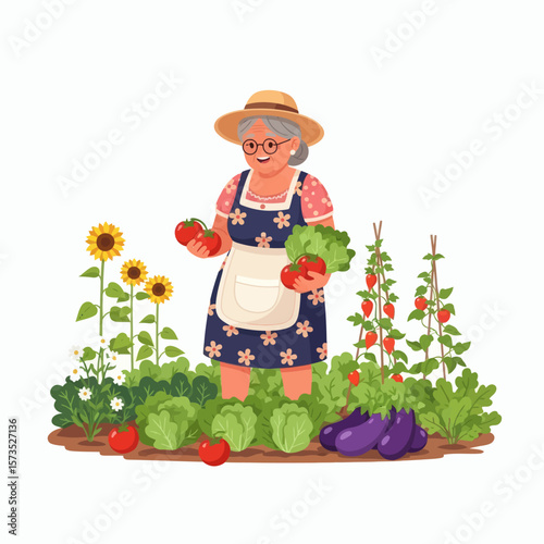 Elderly woman in a straw hat and apron harvesting fresh vegetables from her lush home garden