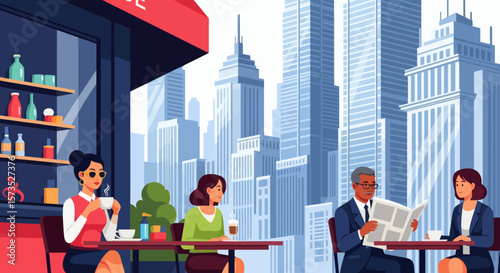 People enjoying coffee at an outdoor city café with skyscrapers in the background