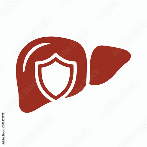 Red icon of a liver with a protective shield symbolizing liver health