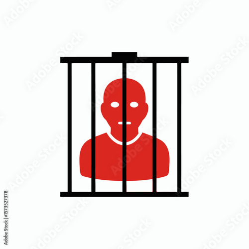 Red icon of a person behind black prison bars on a white background