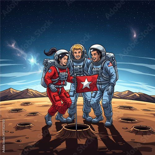 Astronauts Plant Flag on Mars - Space Exploration Cartoon