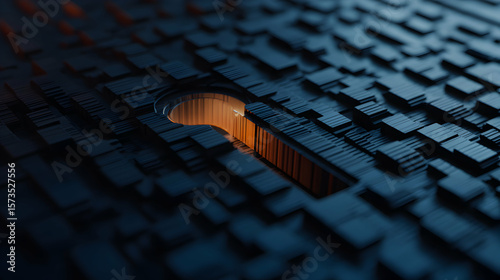 A keyhole shape with a glowing interior against a textured dark blue surface.