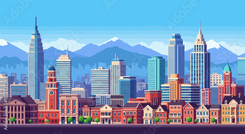 Stylized city skyline with skyscrapers historic buildings and a distant mountain range under a clear blue sky