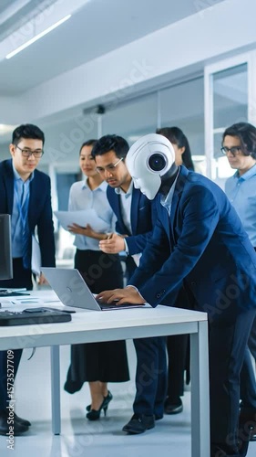 Team of professionals, one a humanoid robot, around a laptop in bright office