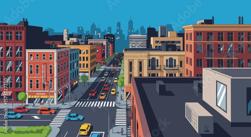 Stylized cityscape with a bustling street colorful buildings and a distant skyline at dusk