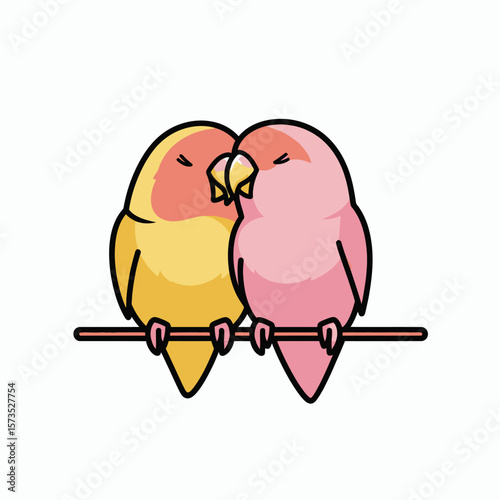 Two cartoon lovebirds one yellow and one pink cuddling affectionately on a branch