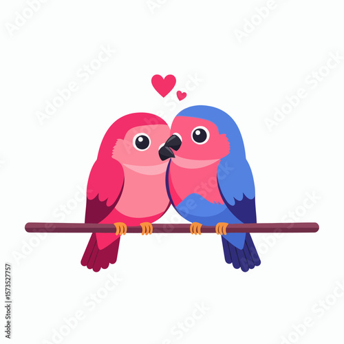 Two colorful cartoon lovebirds cuddling on a branch with hearts above them on a white background