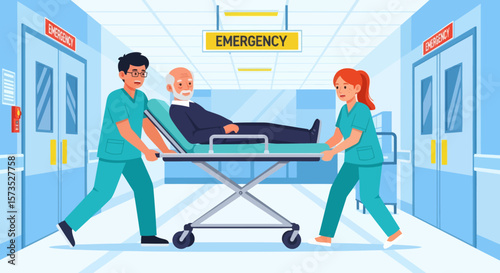 Two medical workers rush an elderly patient on a gurney through a hospital emergency corridor
