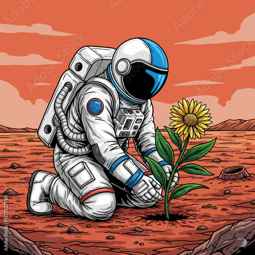 Astronaut Planting a Flower on Mars - Space Exploration Illustration