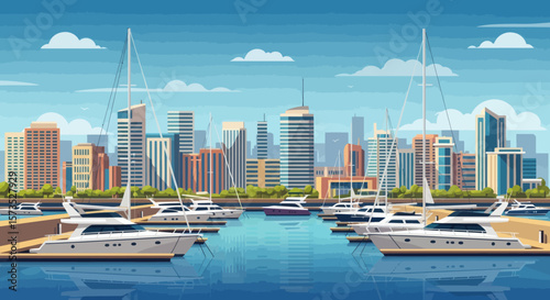 Yachts and sailboats docked in a modern city harbor with a skyscraper skyline