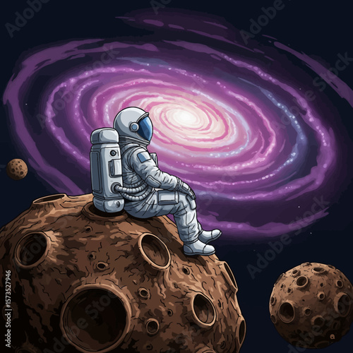 Astronaut Contemplating Galaxy from Moon - Space Exploration Art