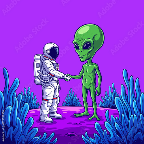 Astronaut and Alien Handshake Cartoon Cosmic Encounter