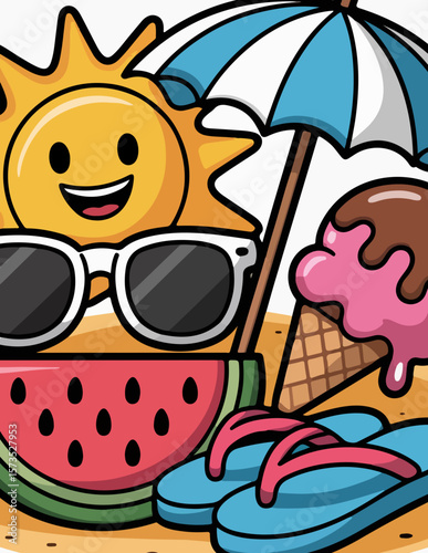 Flat Vector Icon Set of Summer Elements – Sun, Ice Cream, Flip-Flops, and More

