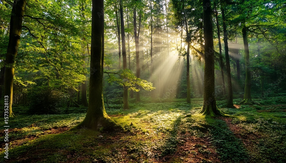 Obraz premium ethereal sunlight rays filtering through lush green forest with shadows on ground