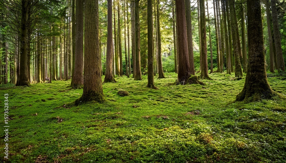 Obraz premium bright green moss covered forest floor with tall straight tree trunks and fresh green leaves overhead creating a peaceful natural environment
