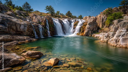 Waterfall flows over rocks into a clear, green pool. Landscape shows serenity, nature, water resources. Ideal for travel, tourism, eco-friendly marketing.