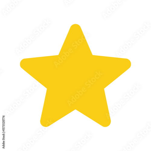 A bright yellow five pointed star with rounded corners on a white background
