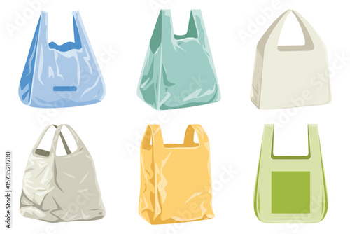 Collection of six colorful plastic shopping bags with handles isolated on white background