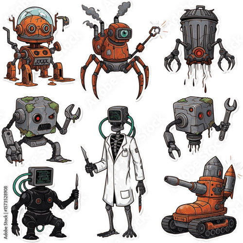 Gritty Post-Apocalyptic Robot Character Pack - Industrial Cyberpunk Illustrations