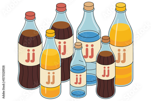 Variety of soda bottles with different colored liquids and simple labels