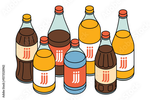 Assortment of colorful beverage bottles with abstract branding in a flat design style