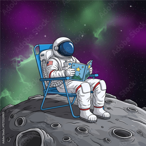Astronaut Relaxing Reading a Book in Space Galaxy Universe