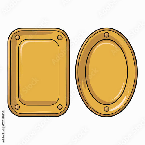 Two blank golden plaques one rectangular and one oval with rivets