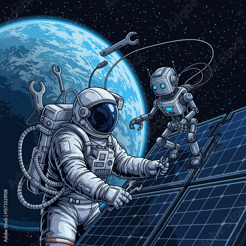 Astronaut and Robot Repairing Solar Panels in Space
