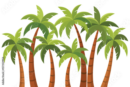 A vibrant cluster of stylized green palm trees with brown trunks against a white background