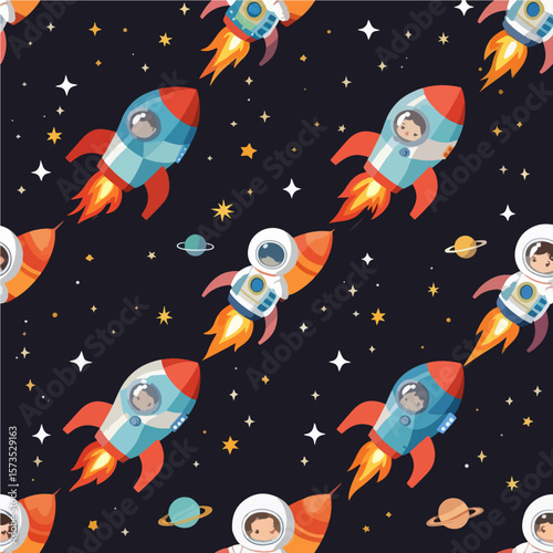 Cartoon Space Seamless Pattern Rockets Astronaut Galaxy Background