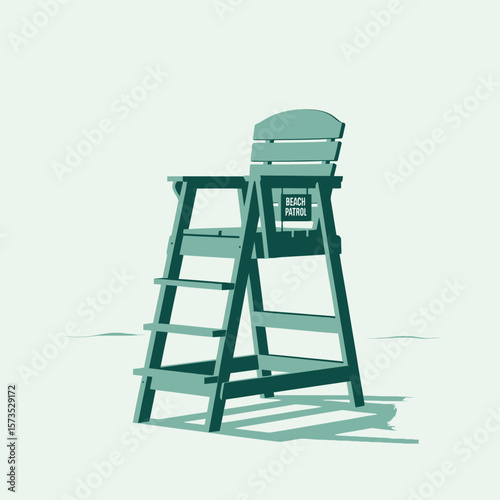 Minimalist illustration of a teal lifeguard chair on a sandy beach with a subtle wave line