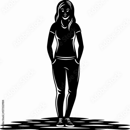 Vector art of a young woman standing casually in t shirt and pants graphic design illustration art 100
