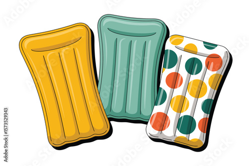 Three colorful inflatable pool floats with a yellow green and polka dot pattern