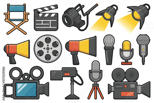 Collection of film and music production equipment icons on a white background