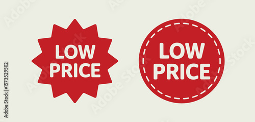 Two red sale tags with the words low price displayed on a light background