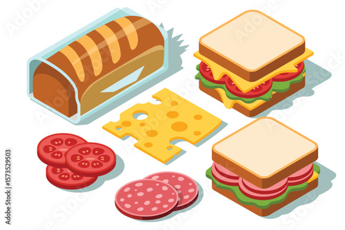 Isometric illustration of sandwich ingredients and finished sandwiches on a white background