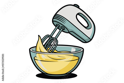 Handheld electric mixer with beaters whipping yellow batter in a glass bowl