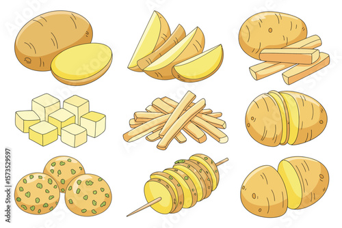 Collection of delicious potato preparations including fries wedges cubes and spiralized potato