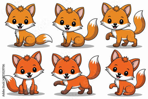 Collection of six adorable cartoon foxes in different poses