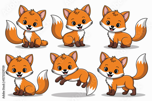 Cute cartoon foxes in different poses on a white background