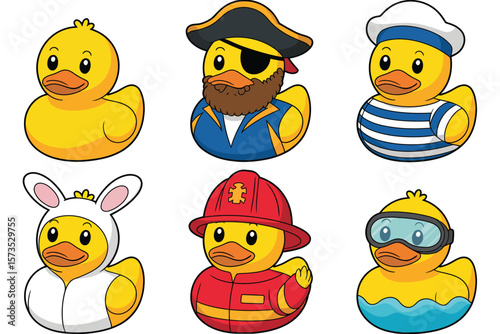 Collection of six cute cartoon rubber ducks dressed as different professions and characters