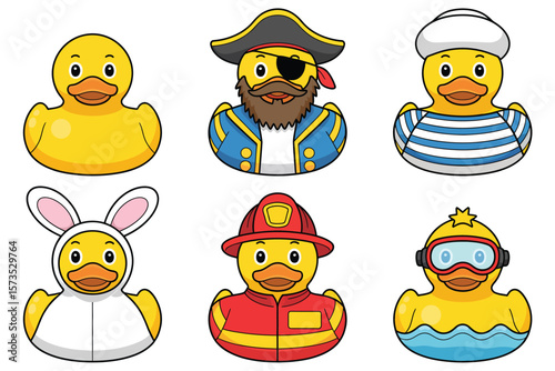 Collection of cute cartoon rubber ducks dressed as pirate sailor firefighter bunny and diver