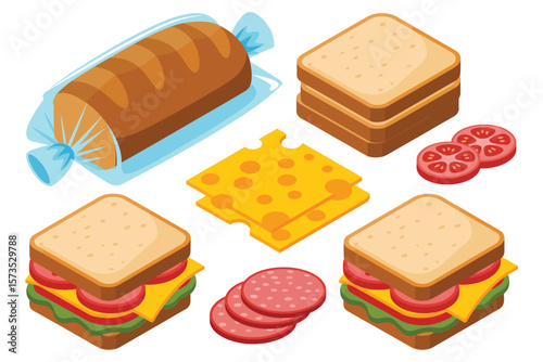 Isometric illustration of sandwich ingredients and assembled sandwiches with bread cheese and salami