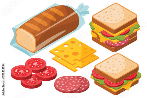 Delicious sandwich ingredients including bread cheese tomato and salami laid out flat