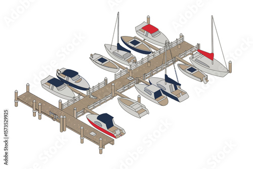 Isometric illustration of a marina with various boats docked on wooden piers